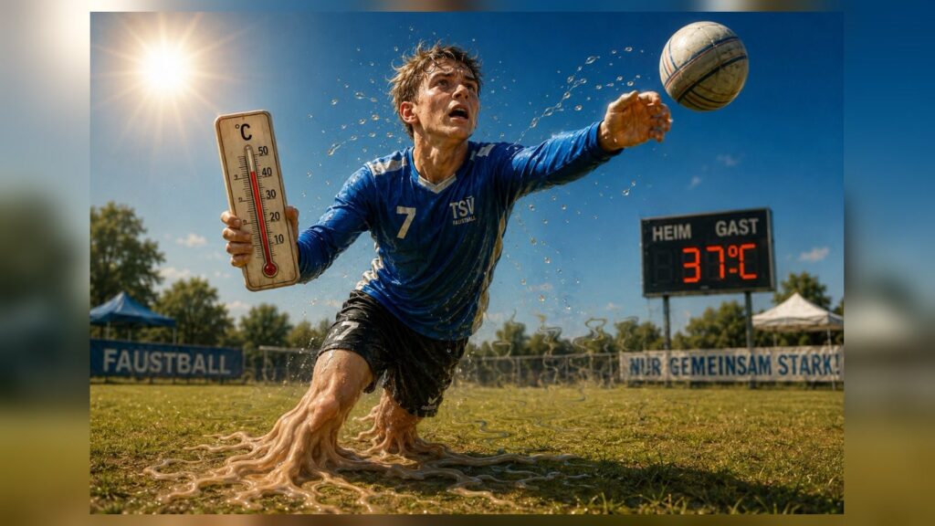 Symbolbild: Faustballspieler bei 37 Grad mit Thermometer, Anzeige und schmelzender Hitze-Optik.