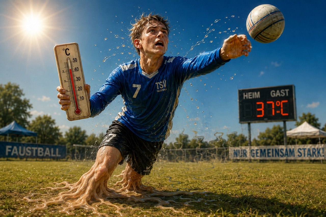 Symbolbild: Faustballspieler bei 37 Grad mit Thermometer und Sonne.