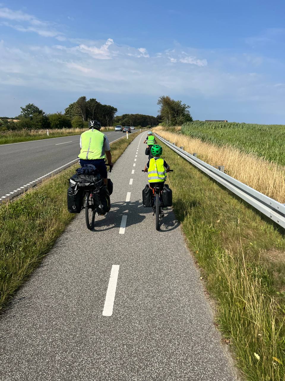 Eine Familie fährt mit Helmen, Warnwesten und Gepäcktaschen auf einem Radweg neben einer Landstraße in Dänemark