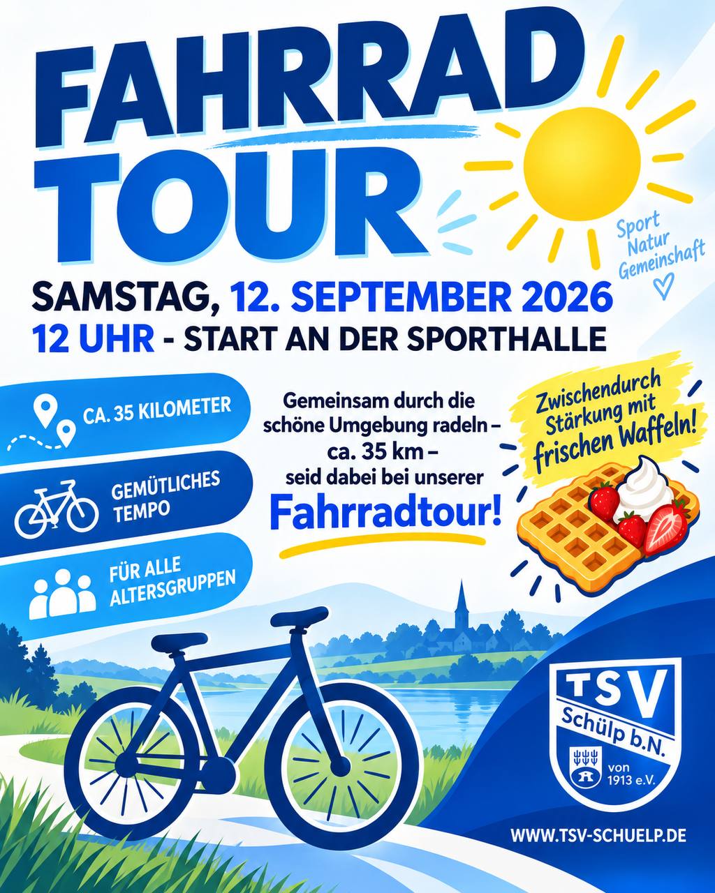 Veranstaltungsplakat zur Fahrradtour des TSV Schülp am 12. September 2026 mit Start um 12 Uhr an der Sporthalle
