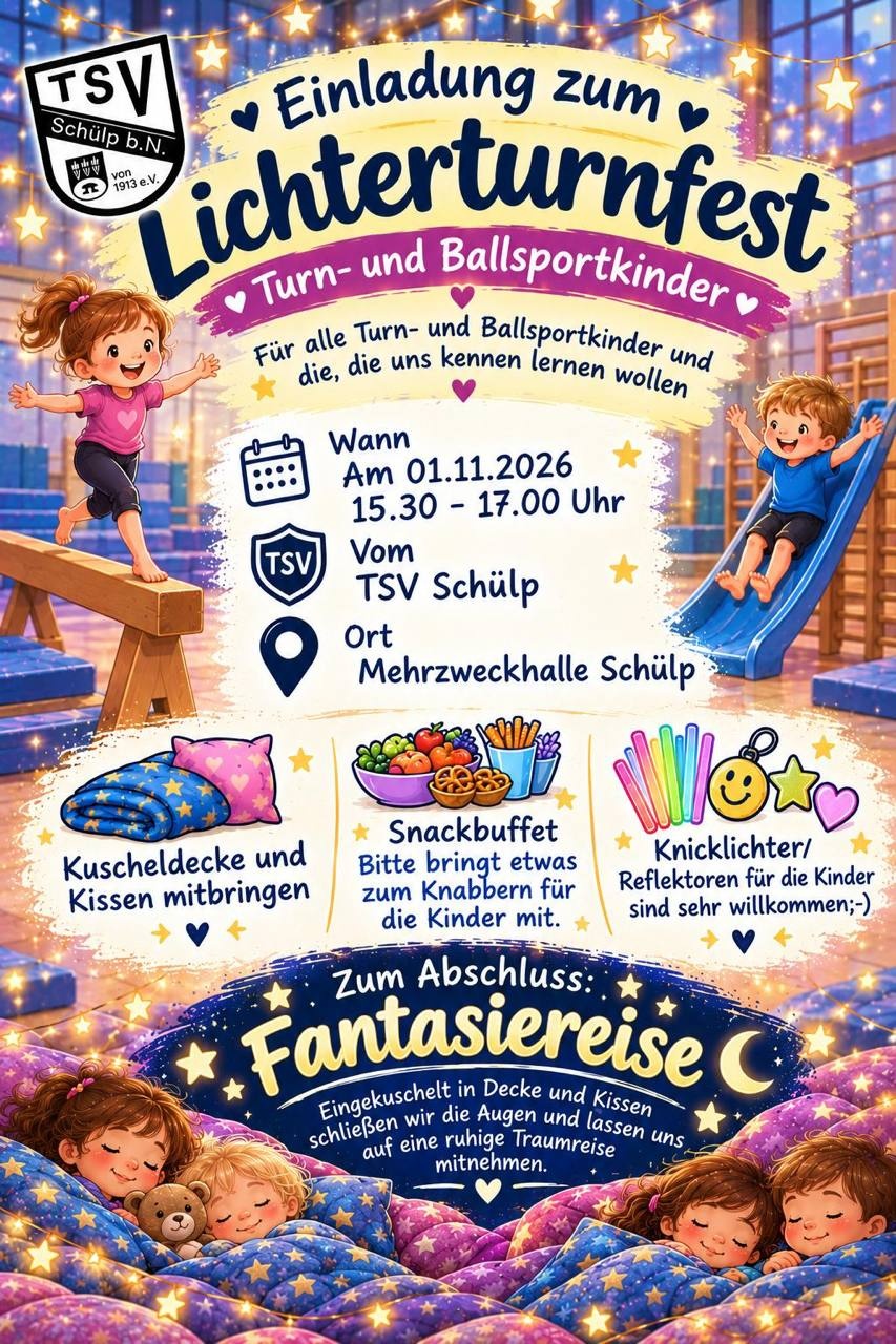 Einladung zum Lichterturnfest des TSV Schülp am 1. November 2026